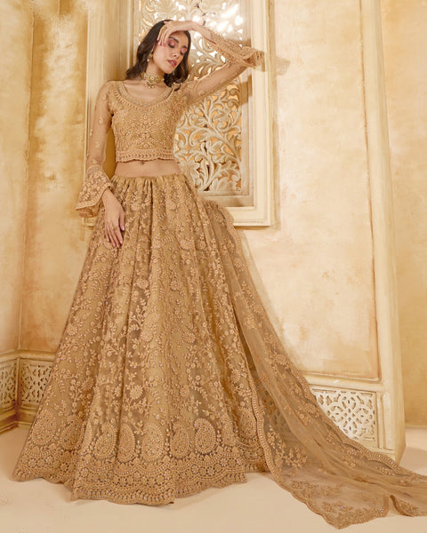 Beige Net Thread & Stone Work Women Unstitched Lehenga Choli With Net Dupatta