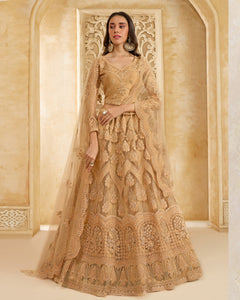 Beige Net Thread & Stone Work Women Unstitched Lehenga Choli With Net Dupatta