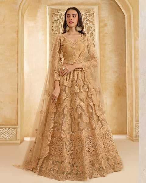 Beige Net Thread & Stone Work Women Unstitched Lehenga Choli With Net Dupatta