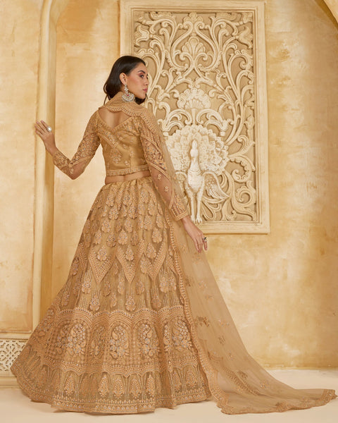 Beige Net Thread & Stone Work Women Unstitched Lehenga Choli With Net Dupatta