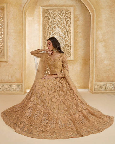 Beige Net Thread & Stone Work Women Unstitched Lehenga Choli With Net Dupatta