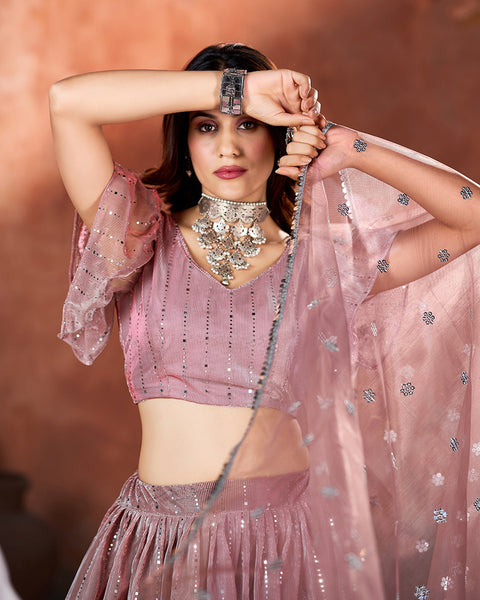 Pink Net Sequins Work Lehenga Choli With Net Dupatta