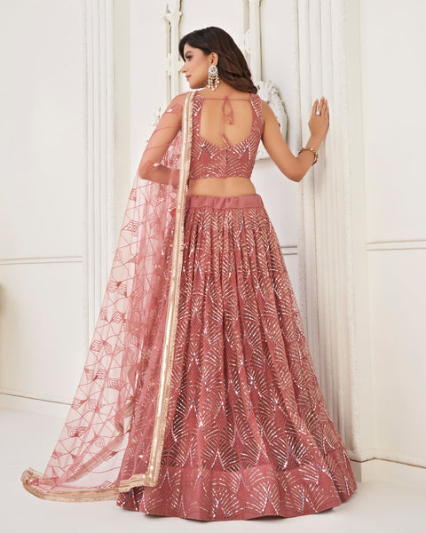 Rose Pink Mirror & Thread Work Net Lehenga Choli With Embroidered Dupatta