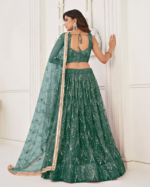 Green Mirror & Thread Work Net Lehenga Choli With Embroidered Dupatta