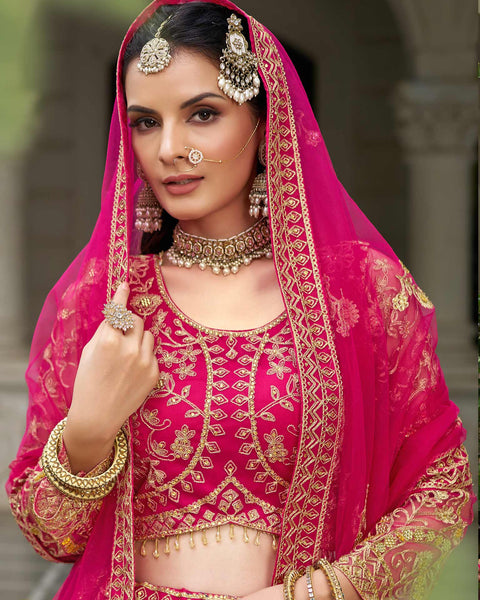 Pink Net Embroidered Unstitched Women Lehenga Choli