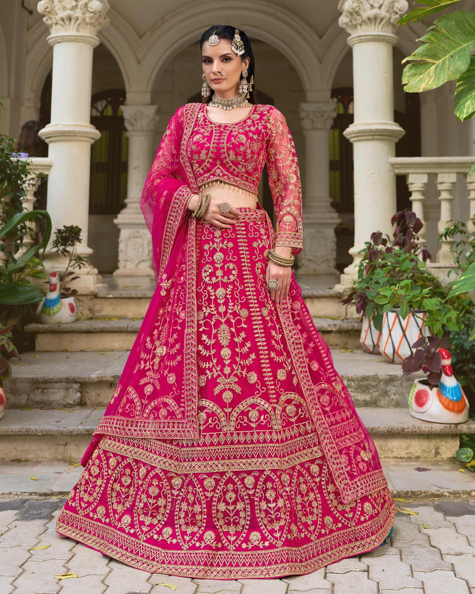 Pink Net Embroidered Unstitched Women Lehenga Choli