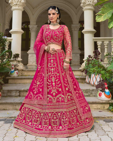 Pink Net Embroidered Unstitched Women Lehenga Choli