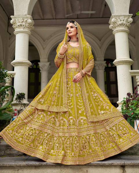 Green Net Embroidered Unstitched Women Lehenga Choli