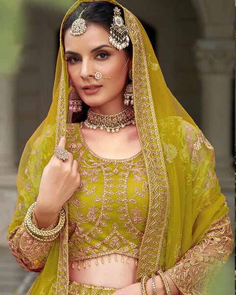 Green Net Embroidered Unstitched Women Lehenga Choli