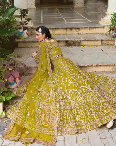 Green Net Embroidered Unstitched Women Lehenga Choli
