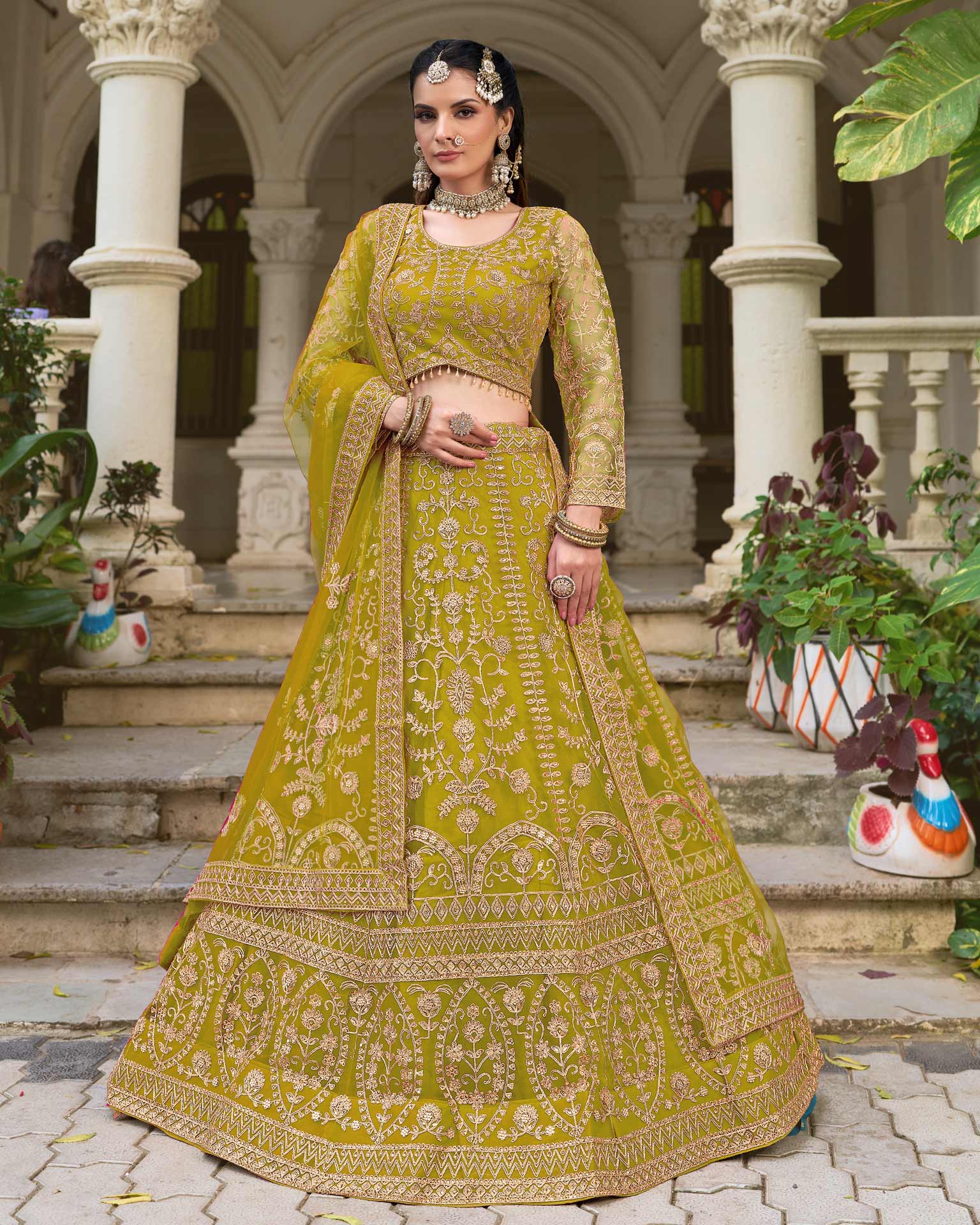 Green Net Embroidered Unstitched Women Lehenga Choli
