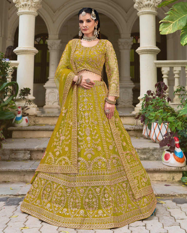 Green Net Embroidered Unstitched Women Lehenga Choli