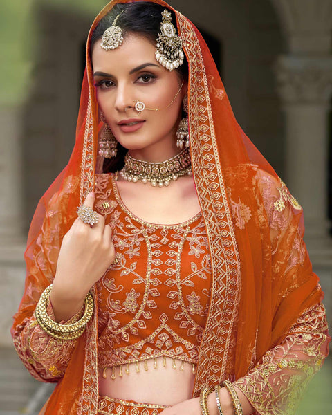 Orange Net Embroidered Unstitched Women Lehenga Choli
