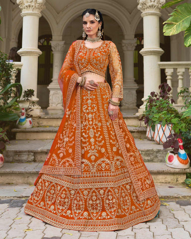 Orange Net Embroidered Unstitched Women Lehenga Choli
