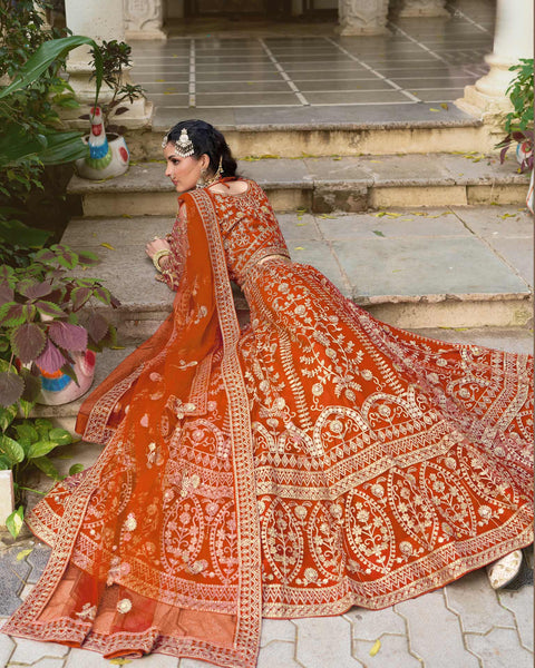 Orange Net Embroidered Unstitched Women Lehenga Choli