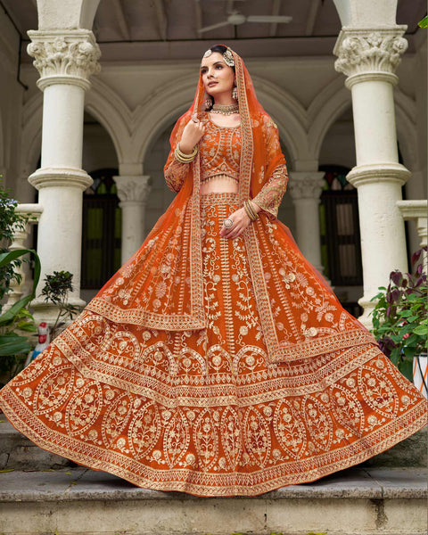 Orange Net Embroidered Unstitched Women Lehenga Choli