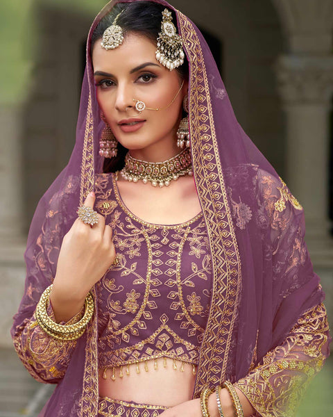 Purple Net Embroidered Unstitched Women Lehenga Choli