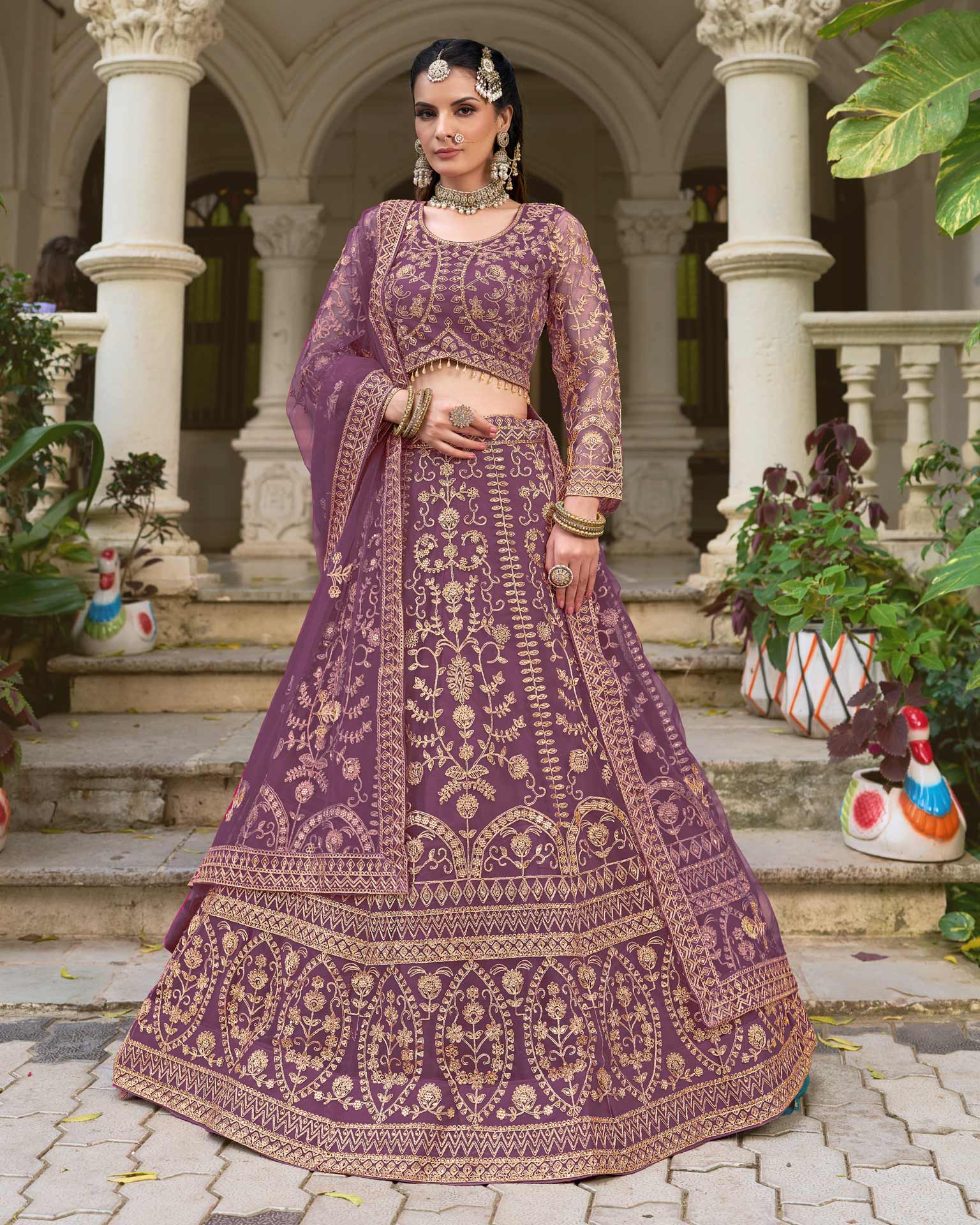 Purple Net Embroidered Unstitched Women Lehenga Choli