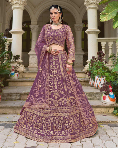 Purple Net Embroidered Unstitched Women Lehenga Choli