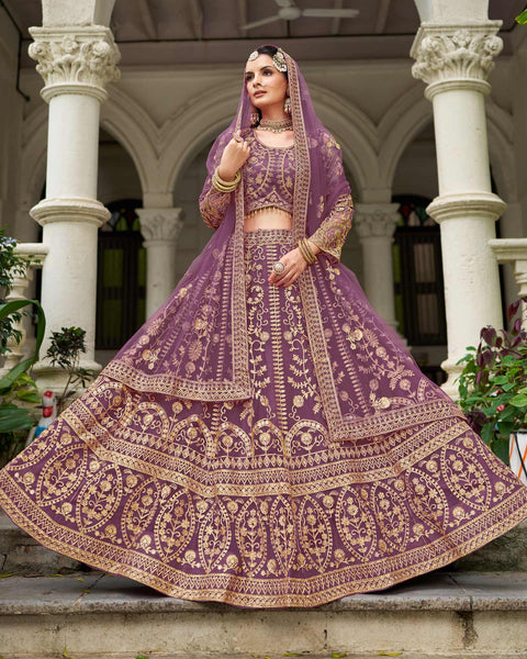 Purple Net Embroidered Unstitched Women Lehenga Choli
