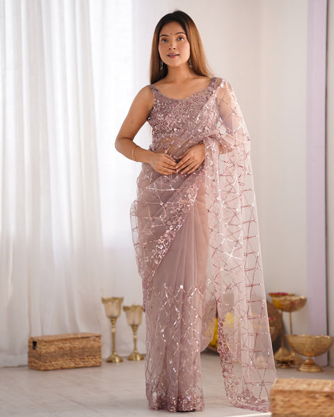 Onion Soft Net Women Embroidered Saree With Unstitched Blouse