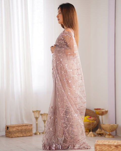 Onion Soft Net Women Embroidered Saree With Unstitched Blouse