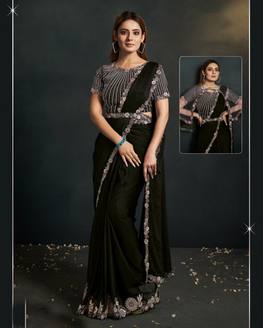 Crepe Satin Silk Black Readymade Saree With Stitched Blouse