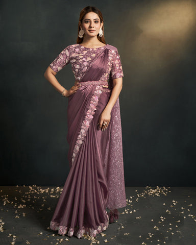 Satin Crepe Silk Dusty Pink Readymade Saree With Stitched Blouse