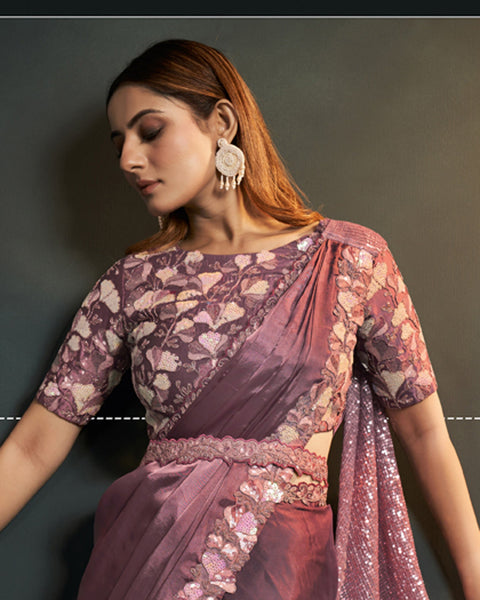 Satin Crepe Silk Dusty Pink Readymade Saree With Stitched Blouse
