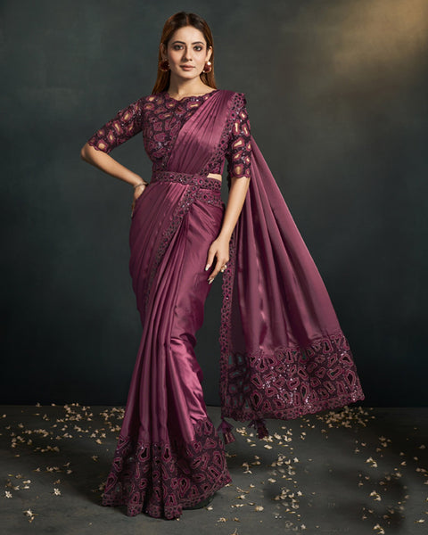 Satin Crepe Silk Maroon Readymade Saree With Stitched Blouse