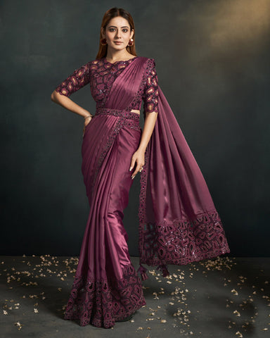 Satin Crepe Silk Maroon Readymade Saree With Stitched Blouse