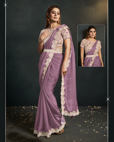 Organza Silk Crepe Light Purple Readymade Saree With Stitched Blouse