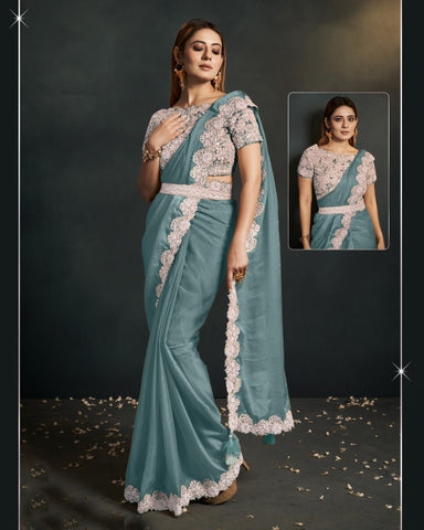Organza Silk Crepe Sea Green Readymade Saree With Stitched Blouse