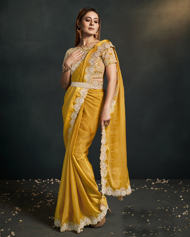 Organza Silk Crepe Mustard Readymade Saree With Stitched Blouse