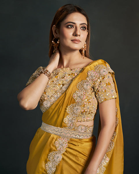 Organza Silk Crepe Mustard Readymade Saree With Stitched Blouse