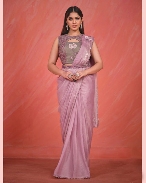 Satin Silk Pink Readymade Saree With Stitched Blouse