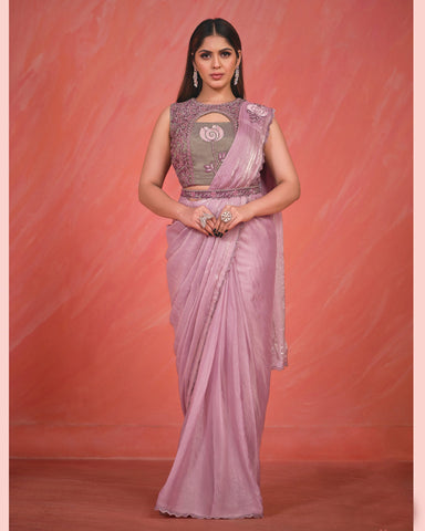 Satin Silk Pink Readymade Saree With Stitched Blouse