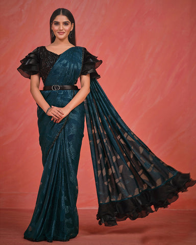 Teal Georgette Readymade Saree With Black Stitched Blouse