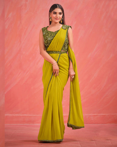 Mustard Georgette Readymade Saree With Stitched Blouse
