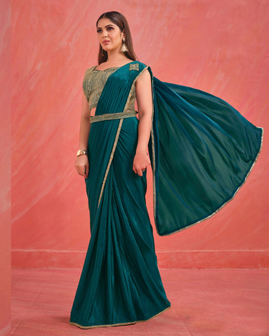 Teal Crepe Silk Georgette Readymade Saree With Stitched Blouse