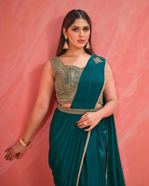 Teal Crepe Silk Georgette Readymade Saree With Stitched Blouse