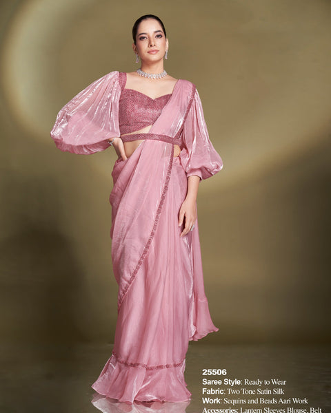 Satin Silk Two Tone Baby Pink Women Readymade Saree With Stitched Blouse