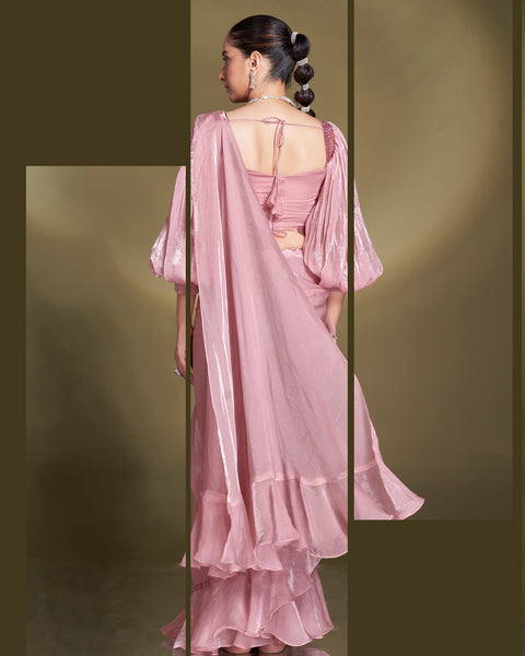 Satin Silk Two Tone Baby Pink Women Readymade Saree With Stitched Blouse