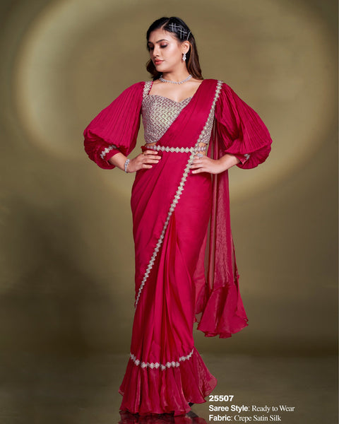 Crepe Satin Silk Two Tone Rani Pink Women Readymade Saree With Stitched Blouse