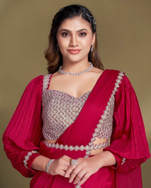 Crepe Satin Silk Two Tone Rani Pink Women Readymade Saree With Stitched Blouse