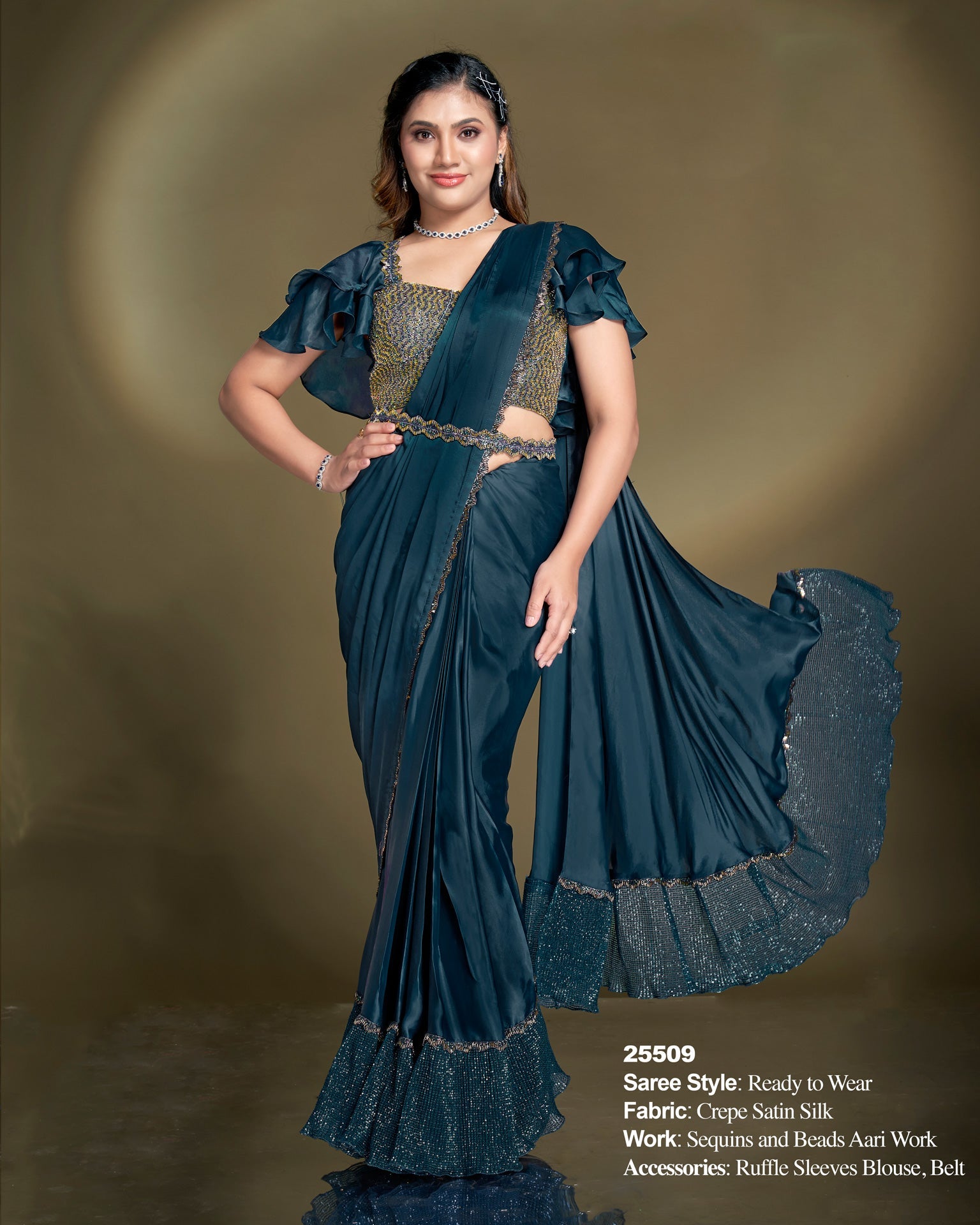 Crepe Satin Silk Teal Blue Women Readymade Saree With Stitched Blouse