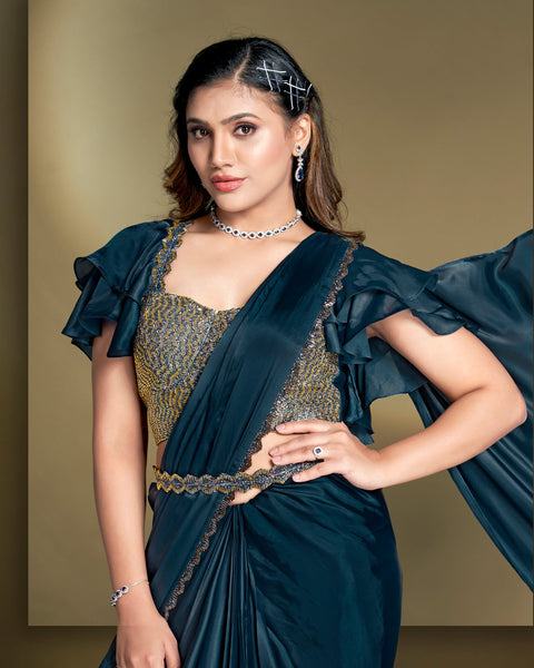 Crepe Satin Silk Teal Blue Women Readymade Saree With Stitched Blouse