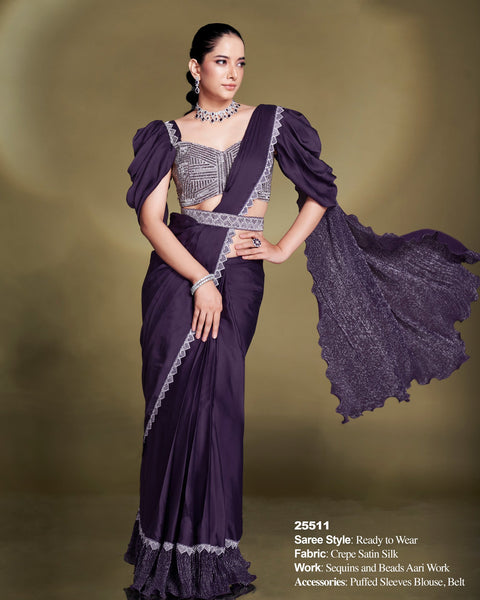Crepe Satin Silk Purple Women Readymade Saree With Stitched Blouse