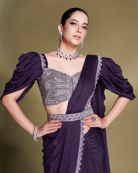 Crepe Satin Silk Purple Women Readymade Saree With Stitched Blouse