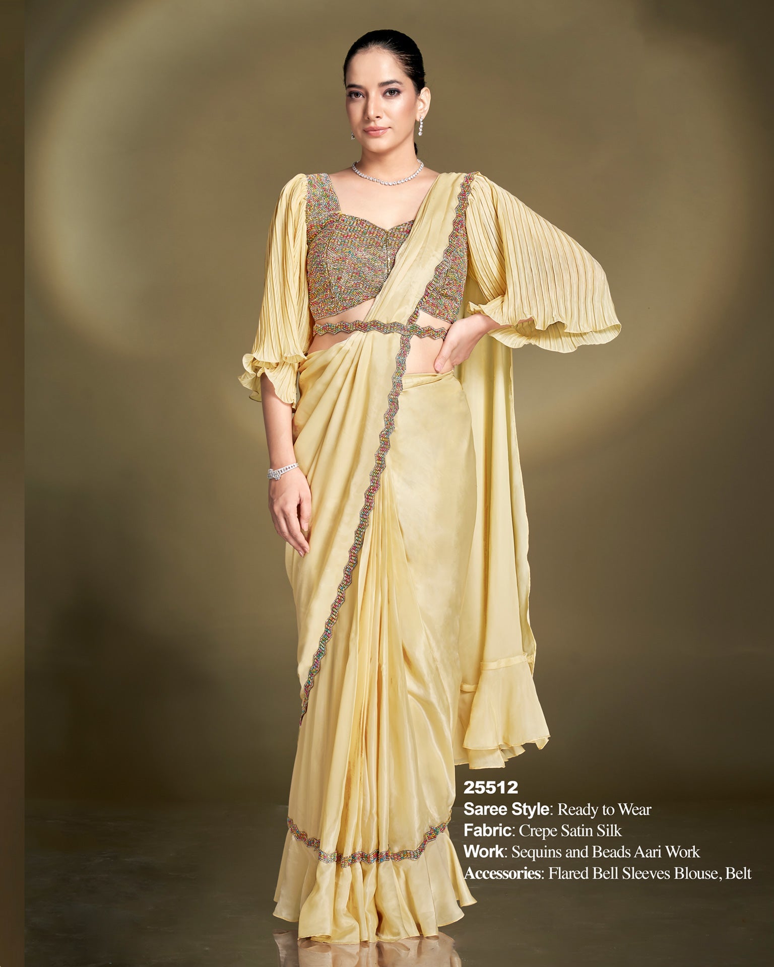 Crepe Satin Silk Yellow Women Readymade Saree With Stitched Blouse